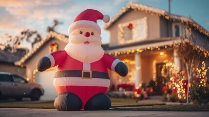 inflatable Santa Claus doll in front of a Christmas-decorated house