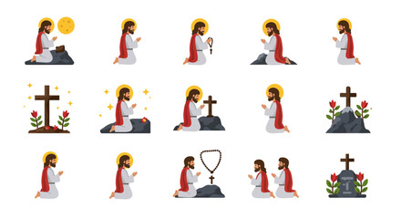 Pixel art shows a person kneeling and praying in various poses and next to crosses and other religious symbols