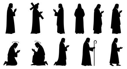 Silhouetted figures of Jesus in various poses including prayer carrying a cross and kneeling with a halo
