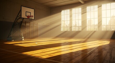 Golden sunlight streams through the windows of a gymnasium, illuminating the basketball court