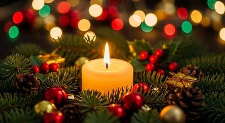 Lit candle surrounded by Christmas decorations, pine branches, and bokeh holiday lights
