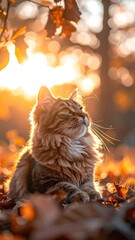 Tabby Cat Basks in Golden Sunset Light Among Autumn Leaves with Bokeh Forest Background, Cinematic and Warm Tones Creating a Serene Outdoor Scene