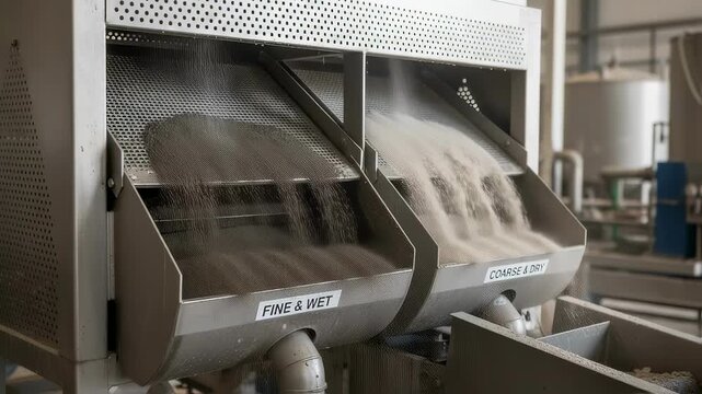 Closeup medium shot of wet sand flowing through equipment emphasizing the smooth separation of sand types by moisture content and granularity.