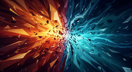Abstract Explosion Orange and Blue Shattered Fragments, Destruction