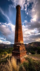 Tall Brick Tower with Weathered Texture Against Cloudy Sky Landscape