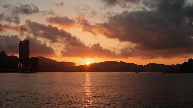 Hong Kong skyline in morning. Victoria Harbour and Hong Kong Central, time lapse video, 4k version.