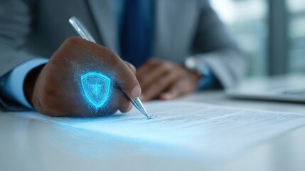 A business professional writes on a document while a digital shield appears, indicating data security in a sleek office setting during work hours.