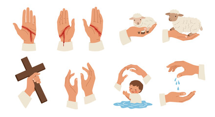 Christian imagery shows various hands a lamb a cross  a baptism
