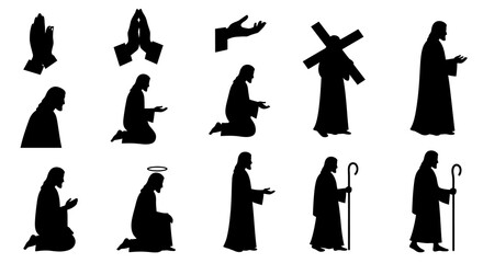 Black silhouette art featuring hands and people in robes with props like a cross and staff