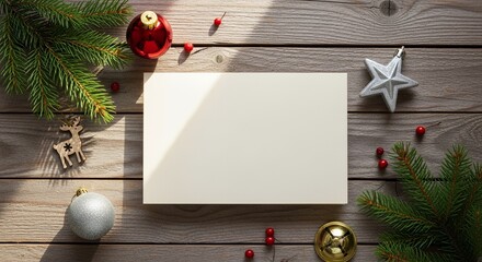 A festive top-down view of a blank greeting card on wooden table, perfect for a Christmas mockup. 
