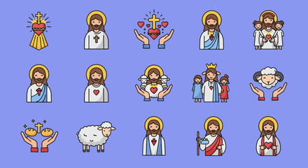 Fototapeta premium Icons of Jesus Christ and religious imagery on a light blue background