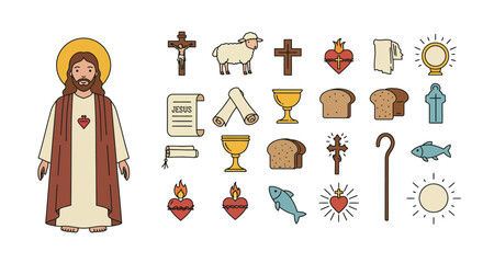 Jesus icon set Jesus w halo cross lamb scrolls chalices bread towel shepherds crook fish heart  sun