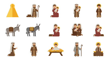 Nativity scene assorted cartoons depict Mary Joseph baby Jesus donkeys and the Star of Bethlehem