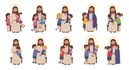 Multiple illustrations feature a central figure with children all figures have halos