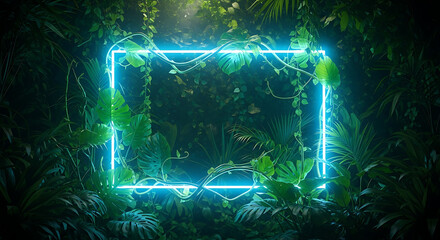 Jungle Neon Frame Tropical Rainforest, Greenery, Glowing Border