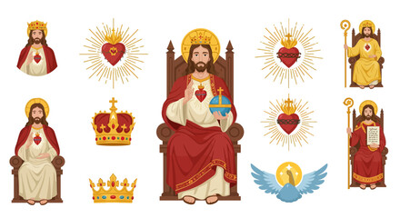 Religious imagery Jesus hearts with sunbursts crowns thrones  a dove on a white background