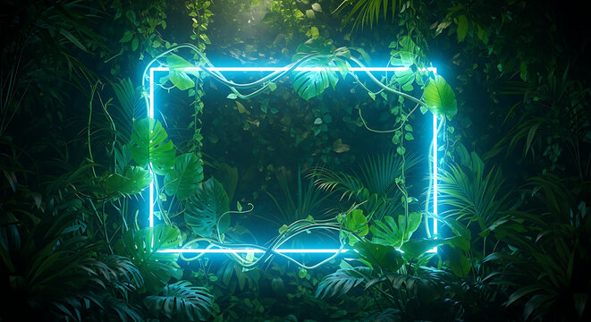 Jungle Neon Frame Tropical Rainforest, Greenery, Glowing Border