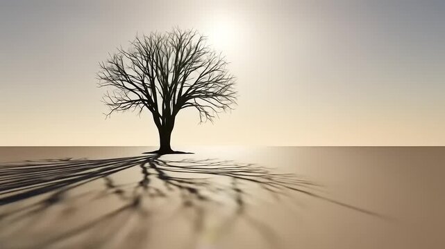 Bare Tree With Extensive Root System Casting Long Shadow.