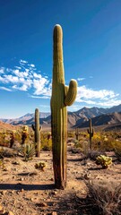 Tall Saguaro Cactus Under Bright Blue Sky in Arizona Desert Landscape with Mountains in the Background on a Sunny Day