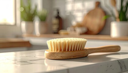 Tan Bristle Brush on White Marble Countertop with Warm Lighting and Blurred Kitchen Background