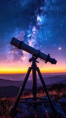 Telescope Silhouetted Against Colorful Starry Night Sky in Mountains