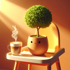 Whimsical Coffee and Plant Delight: A charming animated scene unfolds, featuring a steaming coffee cup and a playful, potted plant, basking in the soft glow of gentle morning light.