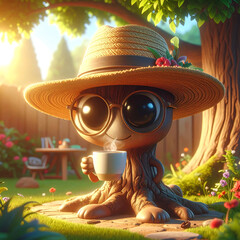 Whimsical Tree Creature Enjoying a Quiet Moment: An adorable anthropomorphic tree creature, donning a stylish hat and spectacles, takes a leisurely coffee break amidst a vibrant garden setting.