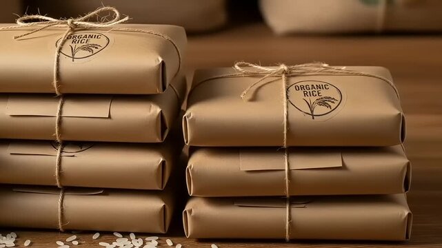 Stacked packages of organic rice tied with twine on a wooden surface, with rice grains scattered