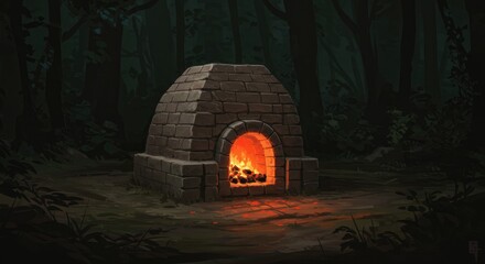 Ancient Brick Kiln Glowing in Dark Forest