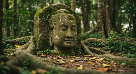 Ancient Buddha Head Statue Embraced by Forest Roots and Moss