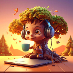 Animated Tree Character with Gadgets : An animated tree character wearing headphones and holding a coffee cup. The character is sitting on a wooden desk with laptop.