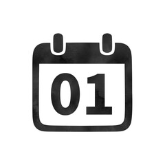 Hand-drawn black silhouette calendar icon with watercolor texture showing the number 01. Perfect for April Fool’s Day, monthly schedules, event planning, and digital calendars.