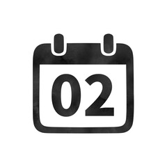 Hand-drawn black silhouette calendar icon with watercolor texture showing the number 02. Perfect for monthly schedules, event planning, and digital calendars.