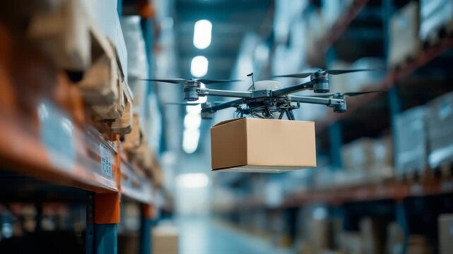 An advanced quadcopter drone transports a parcel inside a spacious warehouse, highlighting the future of logistics. The scene emphasizes automation and efficiency in supply chain operations