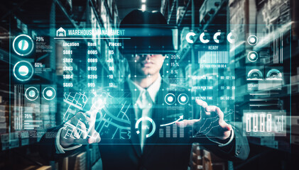 Future virtual reality technology for innovative VR warehouse management . Concept of smart technology for industrial revolution and automated logistic control .