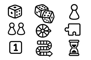 Board game icon set. Minimalist line art symbols for tabletop games. Vector collection of dice, pawns, puzzle piece, spinner, hourglass and game path elements. Simple outline icons.