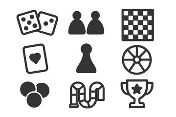 Board game icon set. Minimalist glyph symbols for tabletop games. Vector collection of flat pictograms: dice, pawn, meeple, chessboard, playing card, spinner, and trophy.