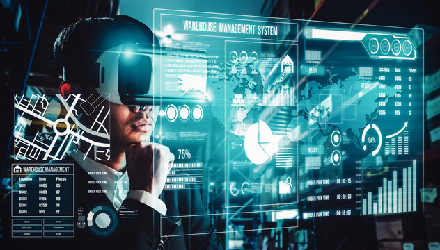 Future virtual reality technology for innovative VR warehouse management . Concept of smart technology for industrial revolution and automated logistic control . - Powered by Adobe