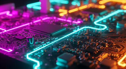 Circuit Board Neon Glow, Technology, Artificial Intelligence, AI
