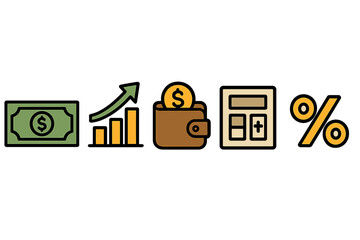 Finance icon set. Money, growth, savings, tax concepts. Business vector collection. Dollar, chart, wallet, calculator, percentage symbols. Investment, profit, economy signs.