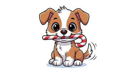 Obraz premium Cartoon puppy sitting with candy cane in mouth on a white background illustration of a cute dog
