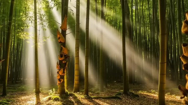 Sunlight streaming through a vibrant bamboo forest creating a magical and serene natural landscape.