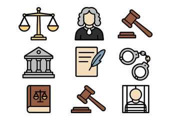 Legal and justice icons set. Flat linear symbols of law and order. Vector cartoon illustration. Judge, gavel, courthouse, handcuffs, prisoner, law book and scales of justice.