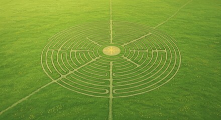 Aerial View of a Circular Grass Maze in a Lush Green Field