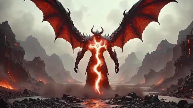 A colossal demonic entity with glowing red wings and a magic symbol standing in a desolate hellscape.