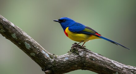 Obraz premium Colorful exotic bird with dominant blue, yellow, and red feathers perched on natural tree branches in the wild.