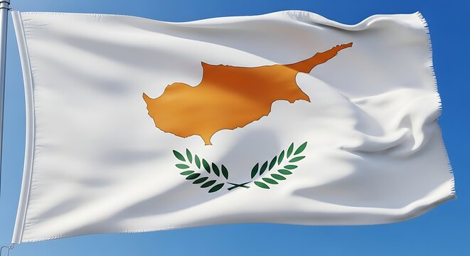 The national flag of Cyprus waving in the wind against a clear blue sky backdrop symbol of