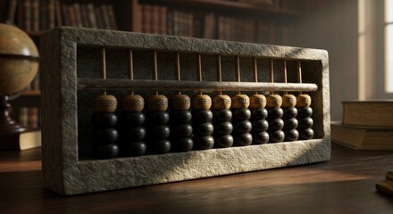 Ancient Abacus on a Wooden Desk with Books