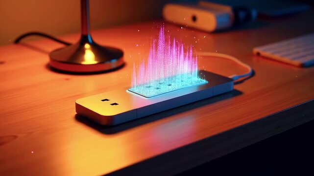 Warm-lit desk with a glowing USB-powered fountain and a smartphone beside a keyboard; cozy ambiance