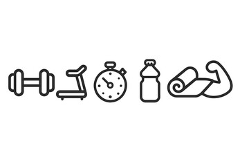 Fitness icon set. Dumbbell, treadmill, stopwatch, bottle, yoga mat, muscle. Minimalist gym workout outline icons. Sport, health, exercise, wellness and training vector symbols.